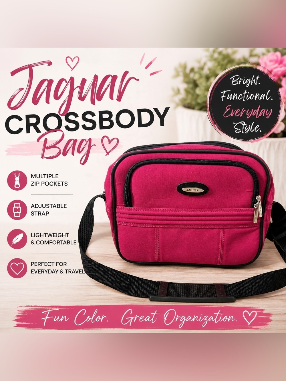 Jaguar Hot Pink Crossbody Shoulder Bag Multi Pocket Adjustable Strap